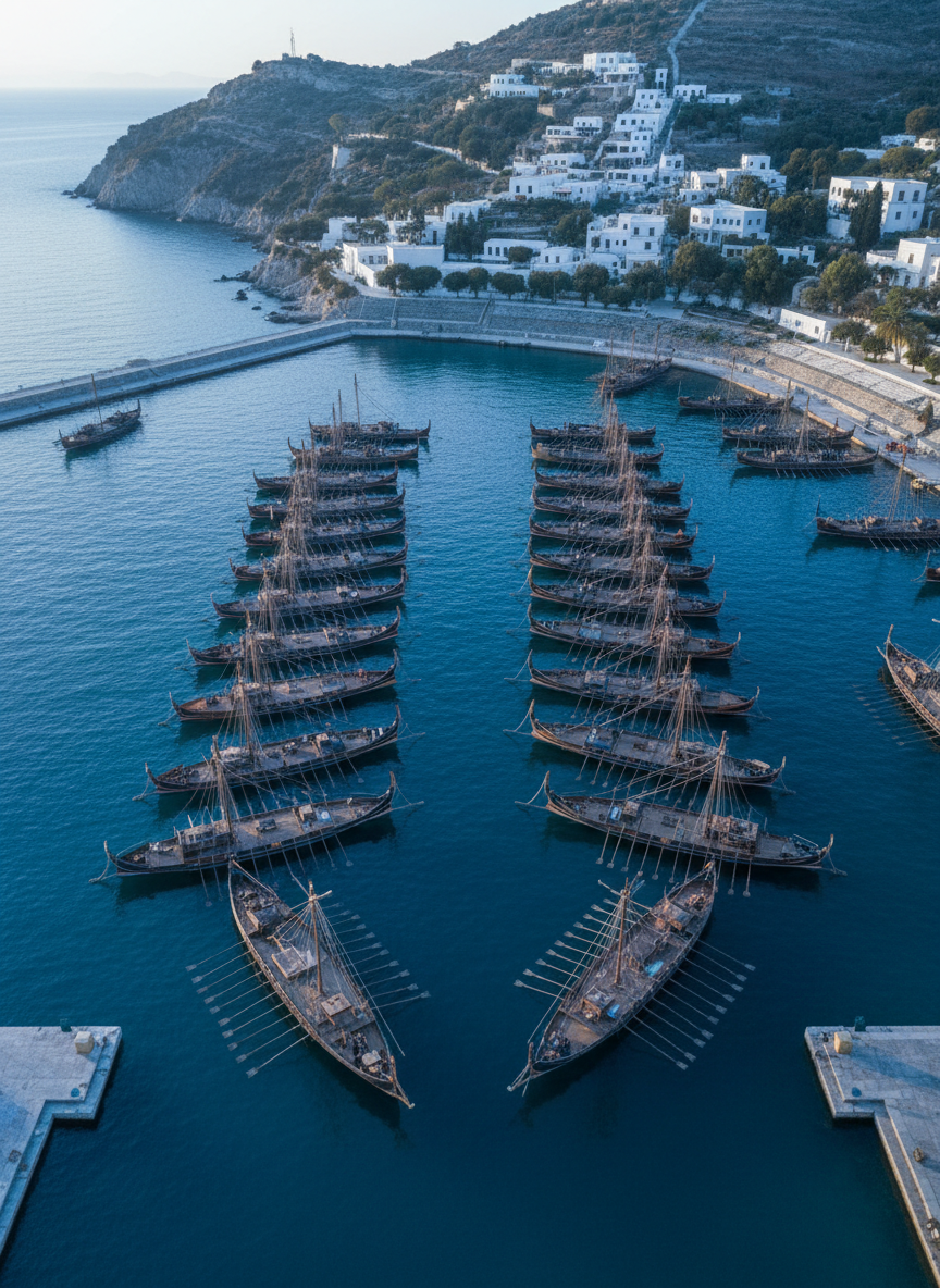 A high vantage point over a terraced, stone-lined harbor reveals a fleet of unmanned triremes arranged in a razor-sharp formation, their prows crowned with bronze rams that glint like fangs. The water is a deep sapphire, subtly rippled, reflecting fragmentary images of the ships and distant whitewashed structures climbing the hillside. Early morning light casts a cool, bluish tone, with long, slender shadows stretching from the ships across the bay. The composition uses sweeping, wide-screen framing, emphasizing patterns and strategy, as if visualizing a general’s tactical mind. The atmosphere is bold and anticipatory, in crisp, cinematic realism with fine detail on oars, rigging, and weathered wooden hulls.