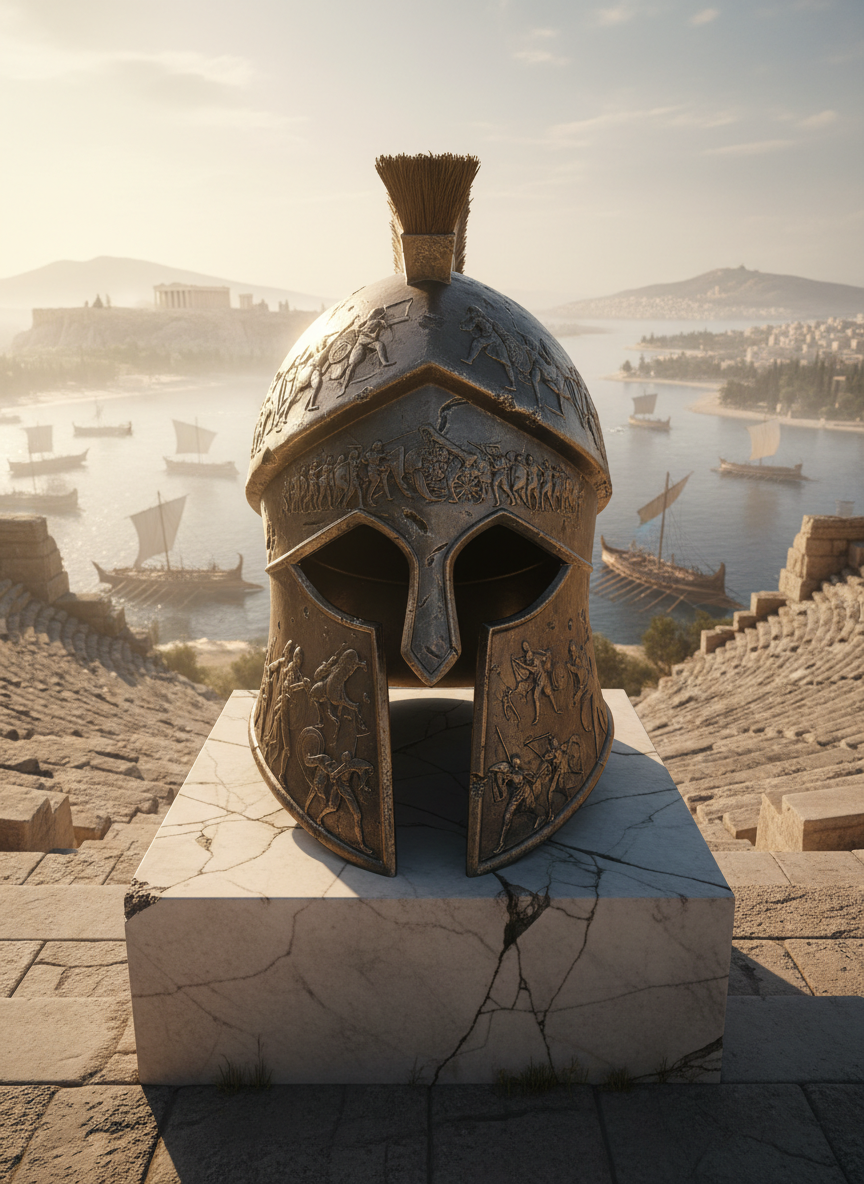 A massive bronze Corinthian helmet, intricately engraved with battle scenes, rests on a cracked marble pedestal overlooking a sweeping bay that evokes ancient Athens. Weathered triremes lie anchored in the misty distance, their oars folded like resting wings. Late-afternoon golden light cuts through a hazy sky, casting hard, cinematic shadows and gleaming highlights across the metal’s scars and dents. The mood is bold and solemn, capturing the weight of strategy and sacrifice. Shot in wide, low-angle composition as if from the steps of a stone amphitheater, with deep focus revealing distant temples on the hills, in highly realistic, dramatic cinematic style.